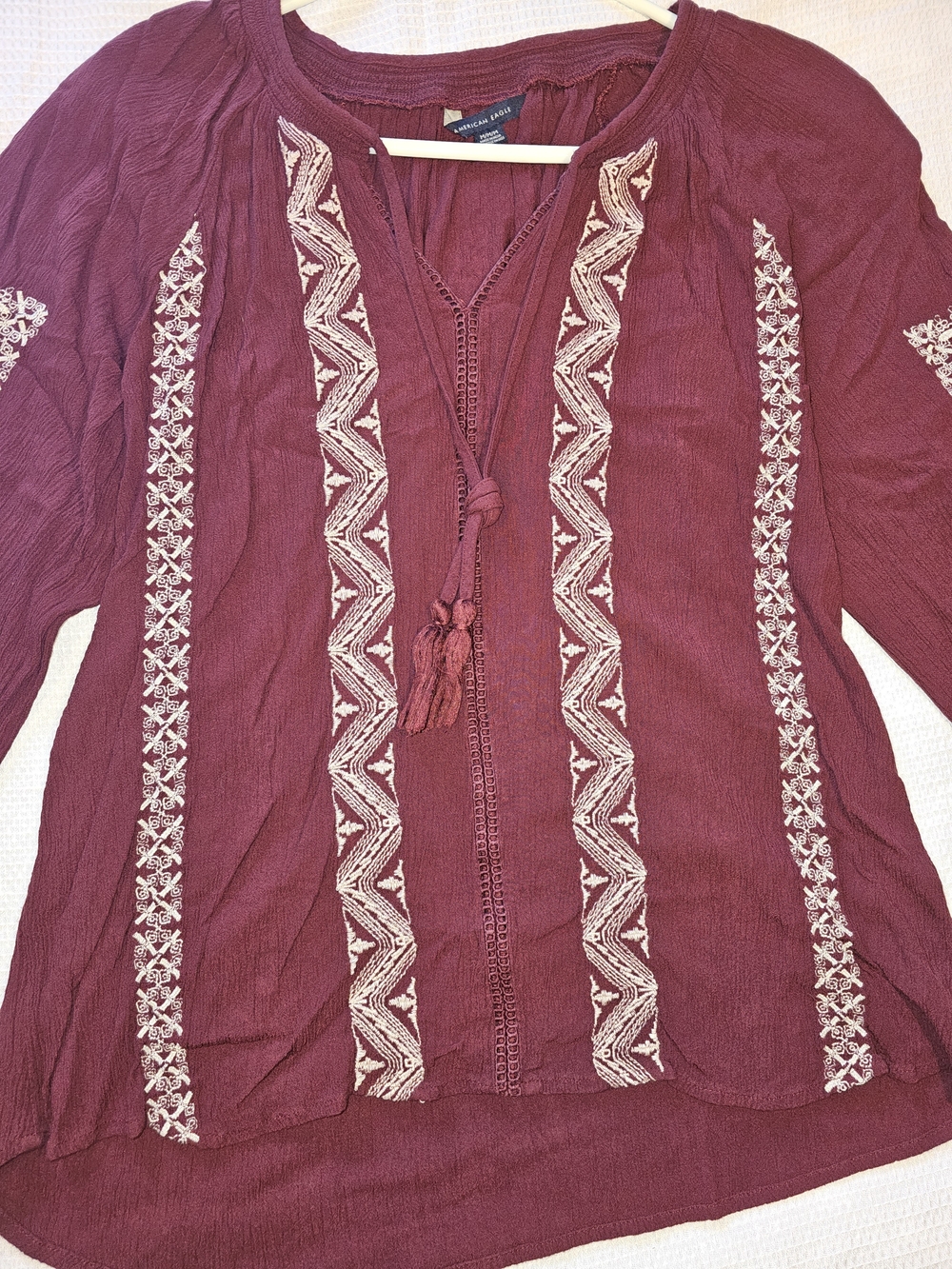 American Eagle Outfitters Burgundy Embroidered Tassel V-Neck Tunic - Picture 6 of 10